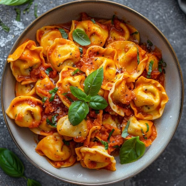 Romio's tortellini pasta in a rich red sauce, garnished with fresh basil and grated cheese.