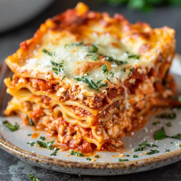 A close-up of a generous slice of Romio's lasagna, layered with rich red sauce, cheese, and herbs.